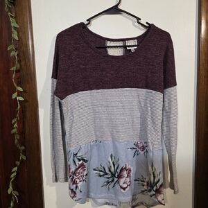 Elegant Floral and Stripe Long Sleeve Top
